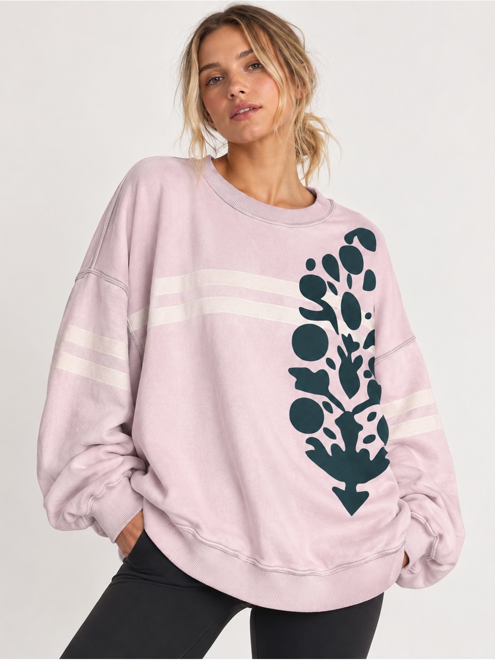 #968 FP Movement Free People Oversized Floral Stripe Sweatshirt Faded Pink L